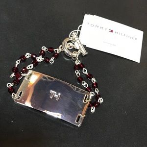 Tommy Hilfiger Silvertone and Red Logo Bracelet
